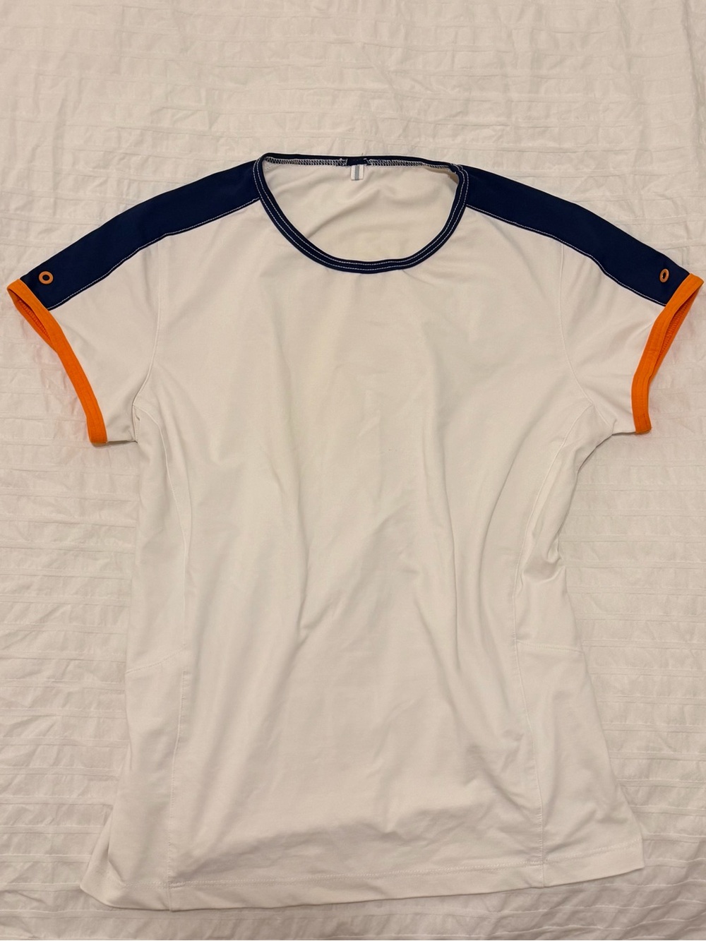 Vintage sporty athletic White Tee w/ Blue Shoulder Orange Trim + eyelet detail